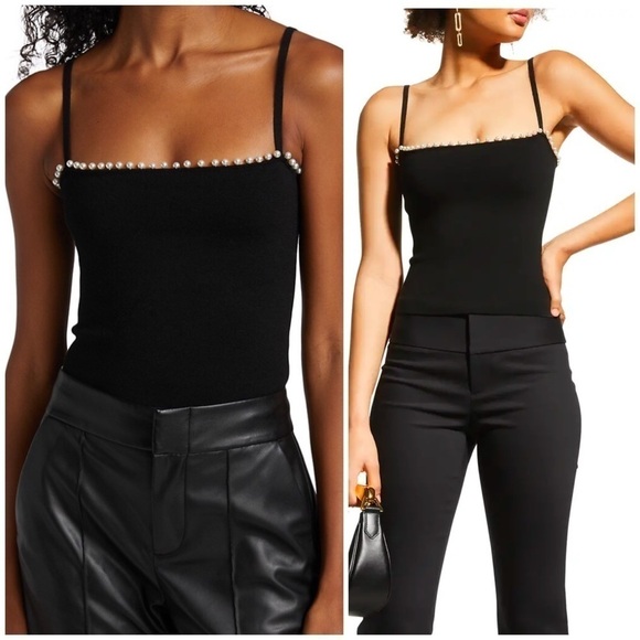 Alice + Olivia Drina Faux Pearl Cropped Rib Tank